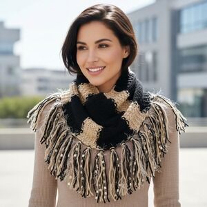 Hand Knitted Black Beige Cowl Scarf FringeBoho NEW Hippie Glam Indie Artsy Mod